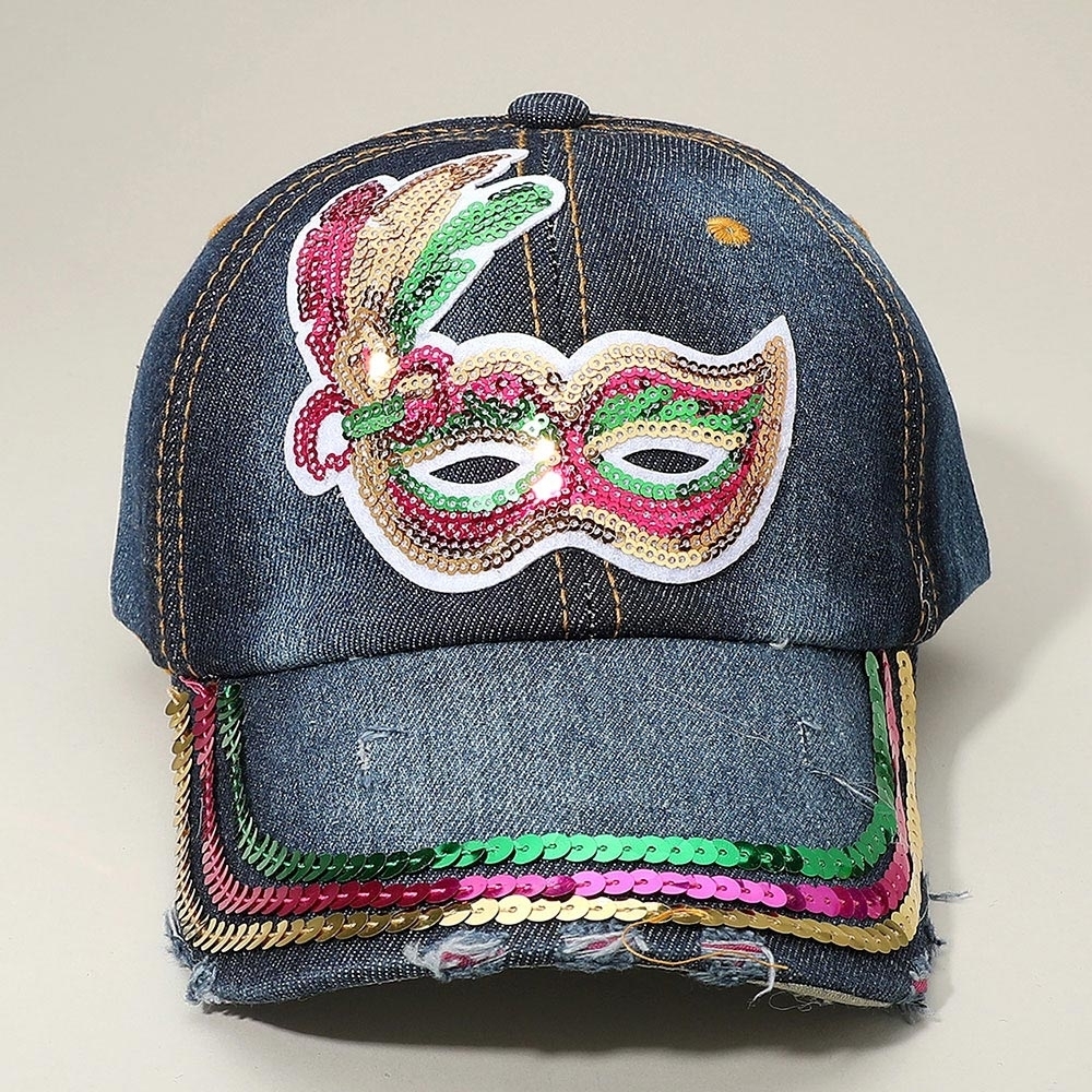 Dark Blue Denim Mask Patch Mardi Gras Sequin Brim Baseball Cap Hat